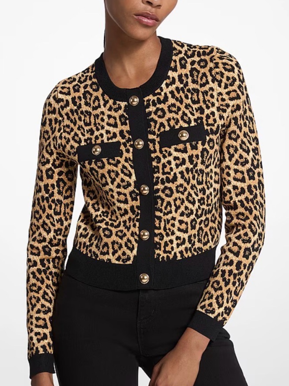 Leopard Print Button-Front Cardigan Jacket - Black & Tan